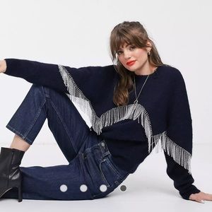 & Other Stories Navy Rhinestone Fringe Sweater